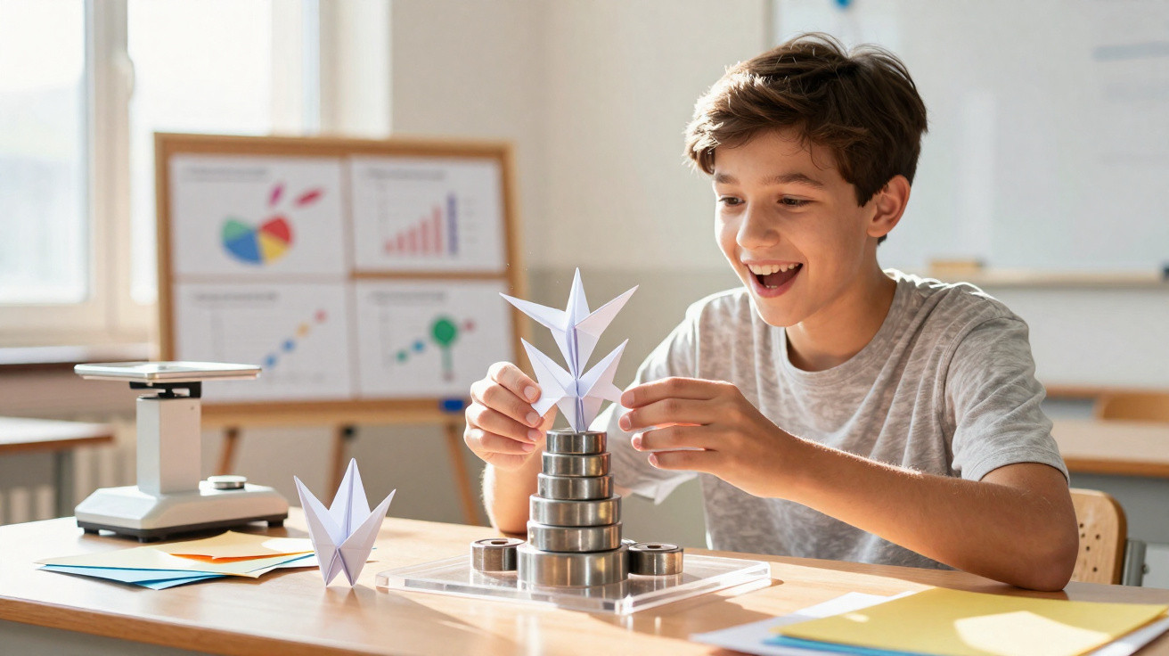 Smiling boy stacking paper origami and metal rings on a table in a bright classroom.