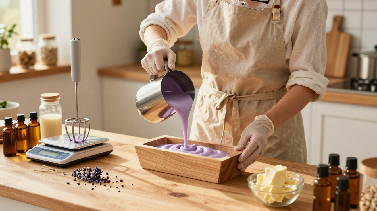 Person wearing gloves and apron pouring purple liquid soap into a wooden mould on a kitchen counter.