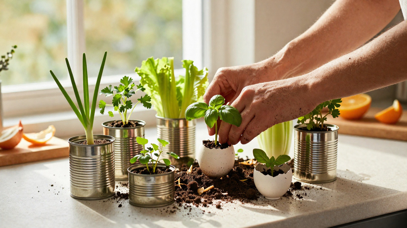 Hands planting a small basil seedling in eggshell with other herbs growing in tin cans on a kitchen counter.