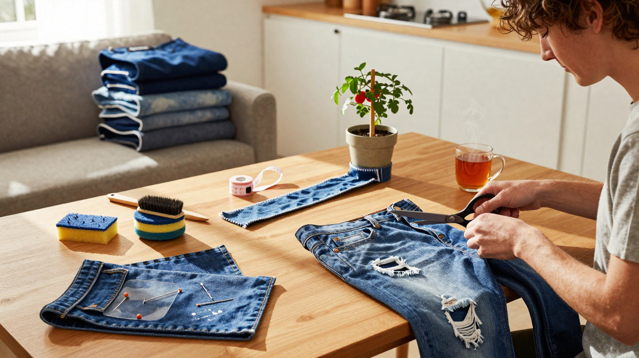 Person repairing ripped blue jeans with scissors at wooden table in bright living room.