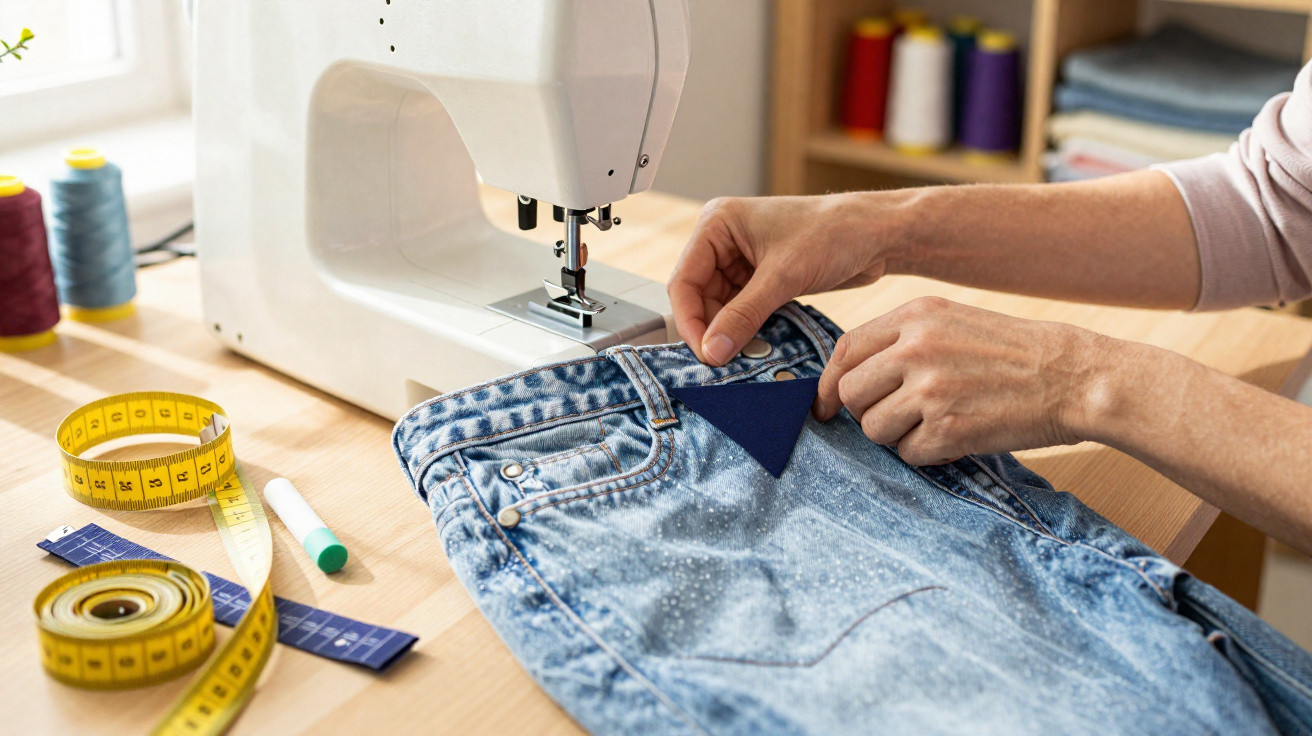 Hands sewing a dark blue patch onto light blue denim jeans with a white sewing machine on a wooden table.