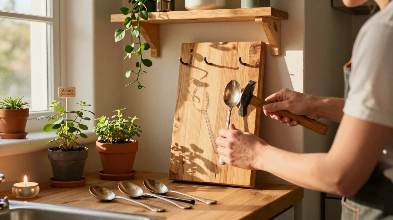 Person using a hammer and spoon to create spoon art on a wooden board in a sunlit kitchen.