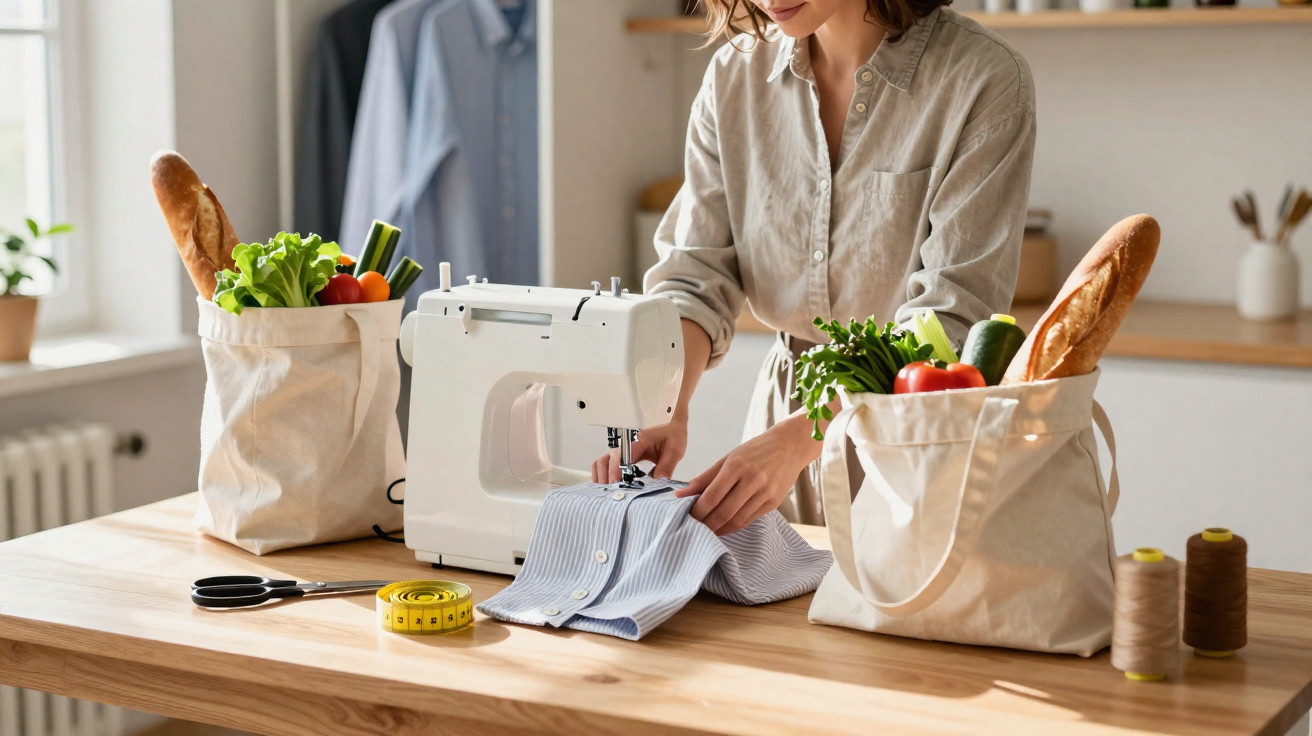 Person using a sewing machine to mend a shirt on a wooden table with grocery bags and sewing tools nearby.
