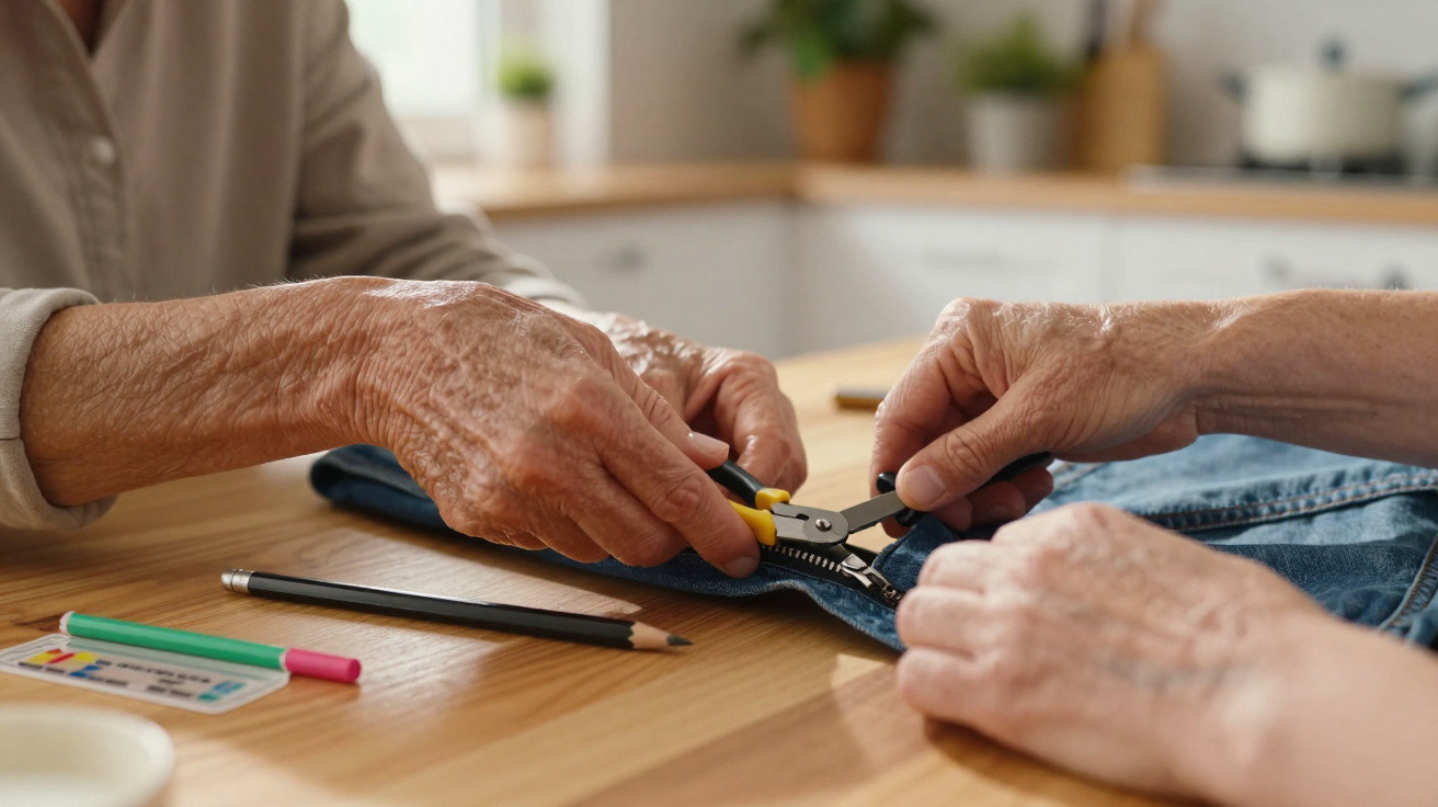 Elderly hands using pliers to repair the zipper on a pair of blue denim jeans on a wooden table.