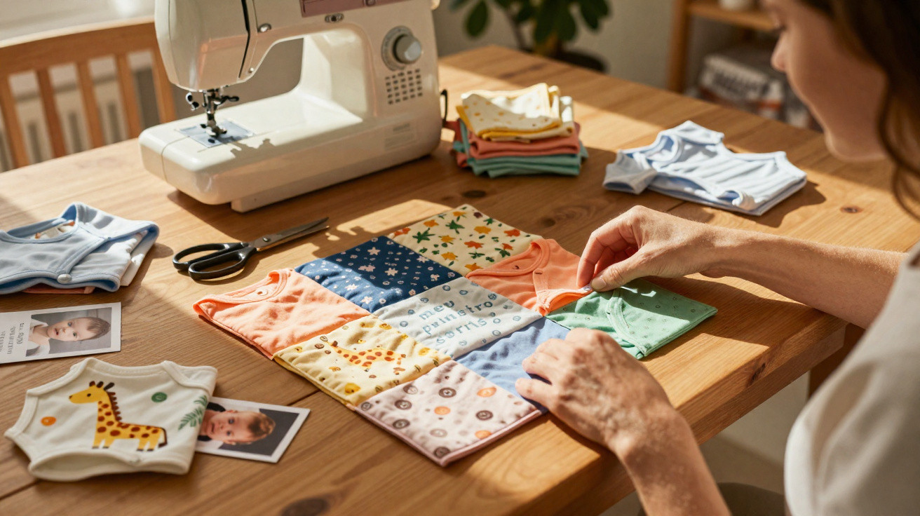 Person sewing colourful patchwork fabric with a sewing machine on a wooden table with baby clothes and photos nearby