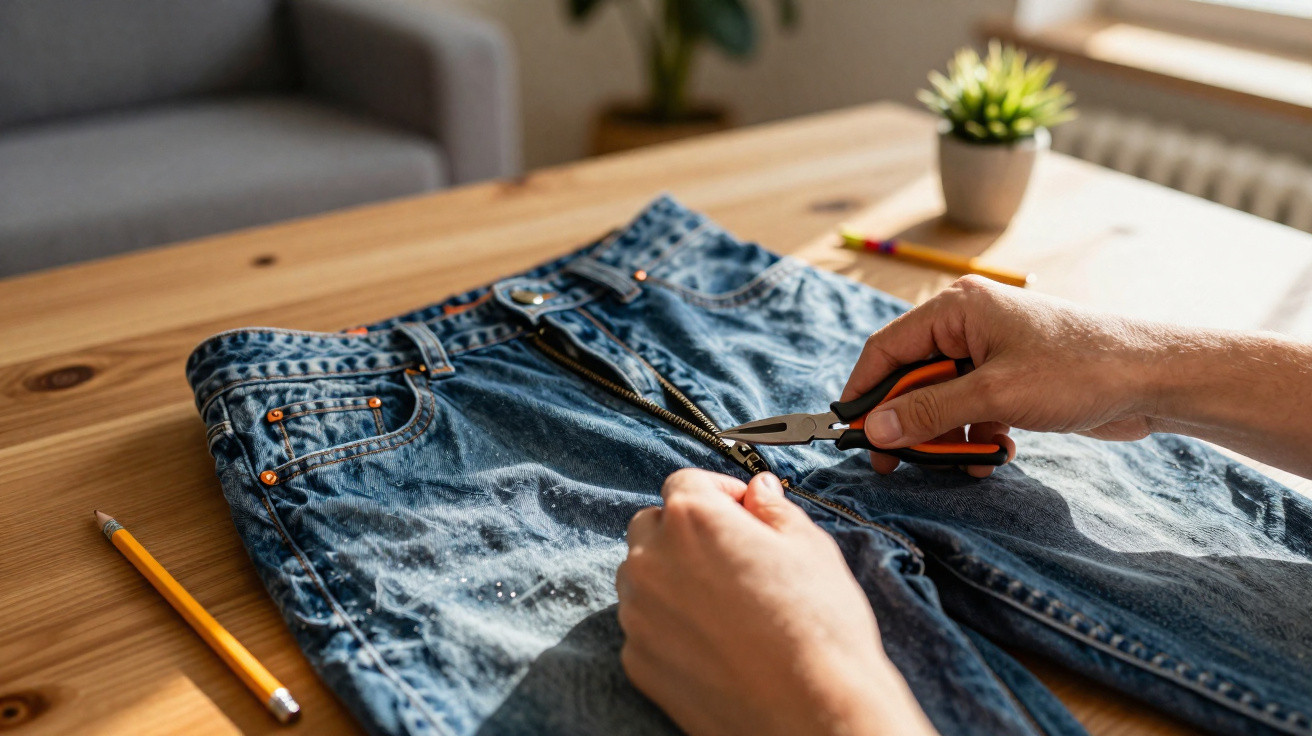 Hands using pliers to repair zipper on blue denim jeans on wooden table with pencils nearby