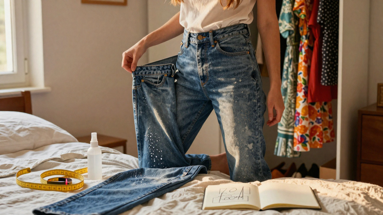 Person holding out waistband of oversized jeans on bed with measuring tape, spray bottle, and open notebook nearby