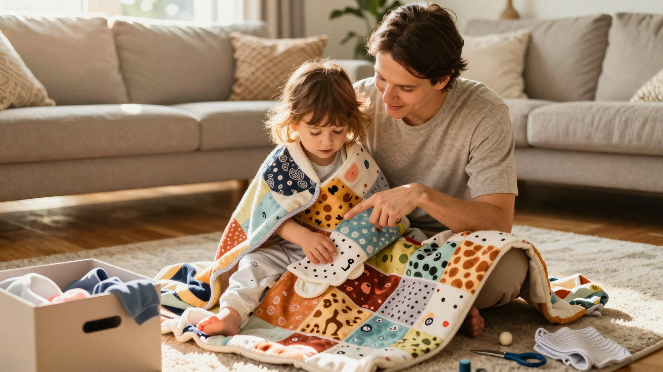 Adult and child sitting on floor under colourful patchwork blanket in a bright living room playing with toys.