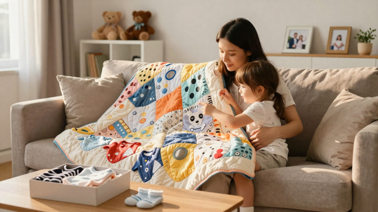 Mother and daughter sit on sofa sharing a colourful quilt with baby clothes and socks on table nearby.