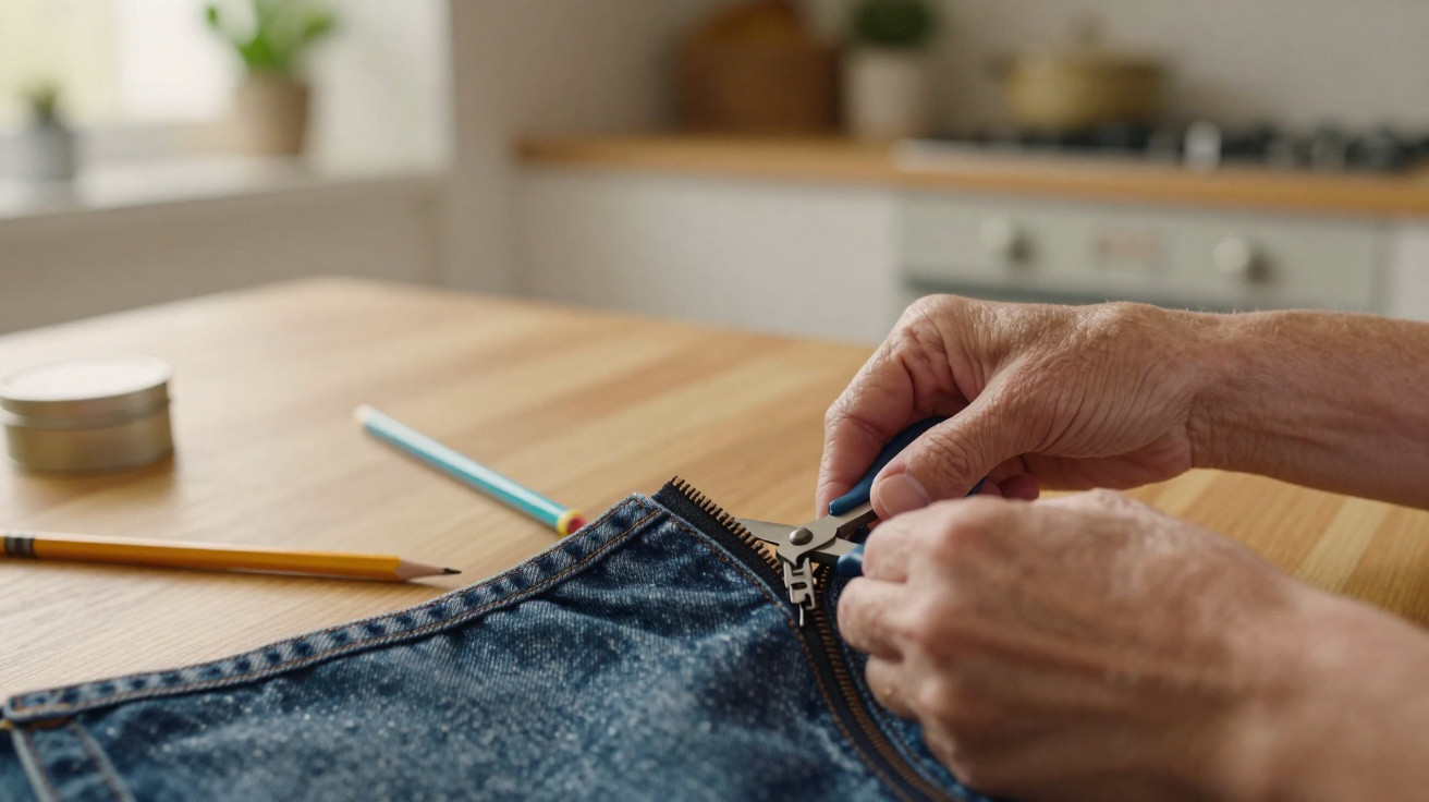 Hands repairing a zipper on denim fabric on a wooden table with pencils in a bright kitchen.