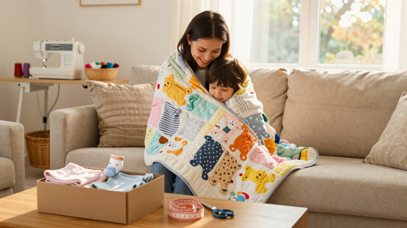 A woman and child wrapped in a colourful animal-print quilt sitting on a beige sofa by a window.