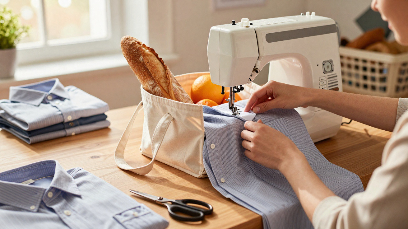 Person sewing a blue striped shirt on a white sewing machine at a wooden table with bread and oranges nearby.