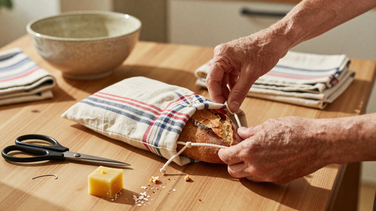 Hands placing a loaf of bread into a striped reusable cloth bag on a wooden kitchen table with scissors and cheese.