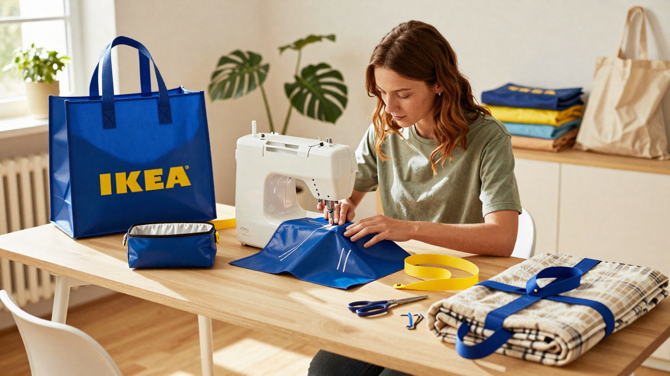 Woman sewing a blue IKEA bag using a sewing machine at a wooden table in a bright room.