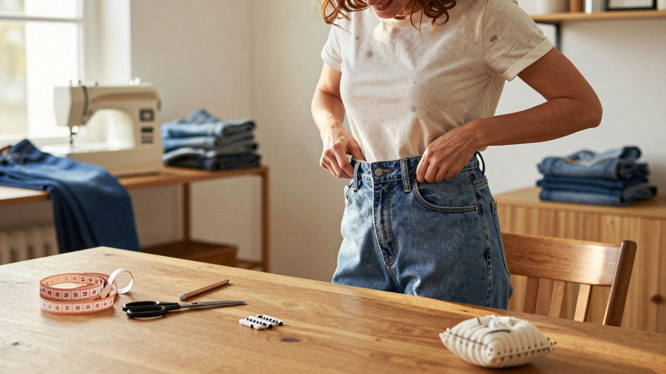 Person adjusting high-waisted jeans at a wooden table with sewing tools and fabric in a cosy room.