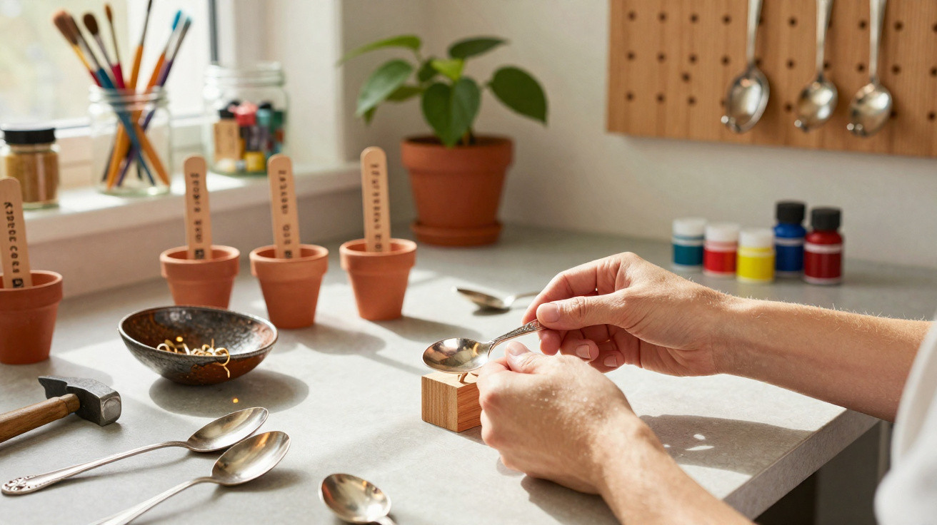Person using a spoon to measure seeds on a kitchen counter with labelled plant pots and gardening tools nearby.