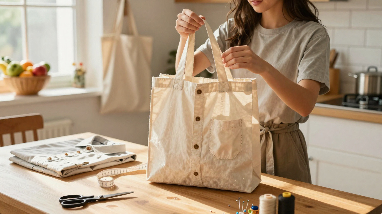 Woman holding a beige handmade bag on a wooden table with sewing materials in a bright kitchen.