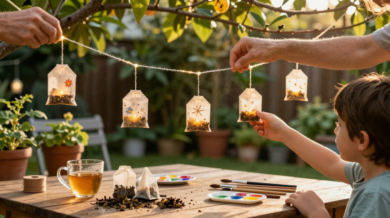 Child and adult hanging decorated tea bag lanterns on a string outdoors at a wooden table with painting supplies.