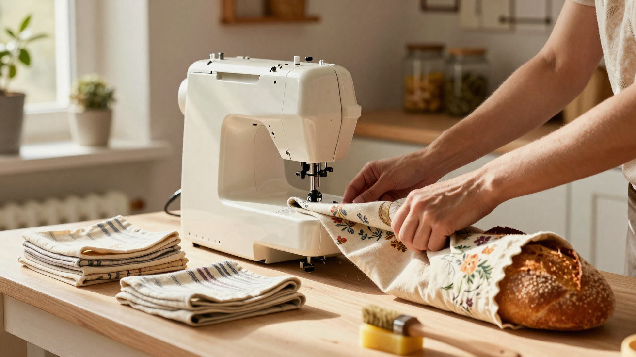 Person wrapping a loaf of bread in a floral cloth near a sewing machine on a wooden kitchen table.