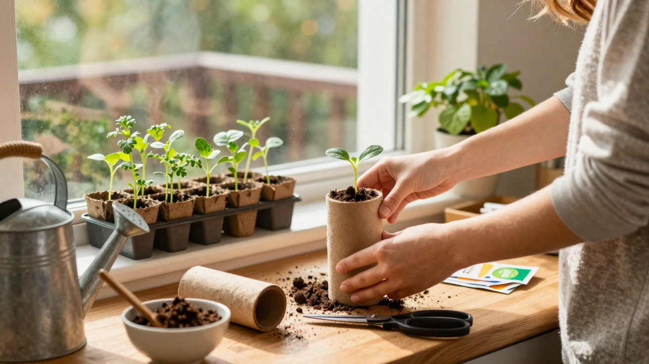 Person potting seedlings in biodegradable pots on a wooden table by a window with gardening tools.