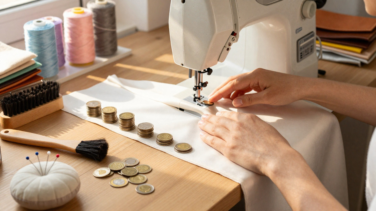 Person sewing fabric on a sewing machine with stacks of coins and sewing tools on a wooden table.