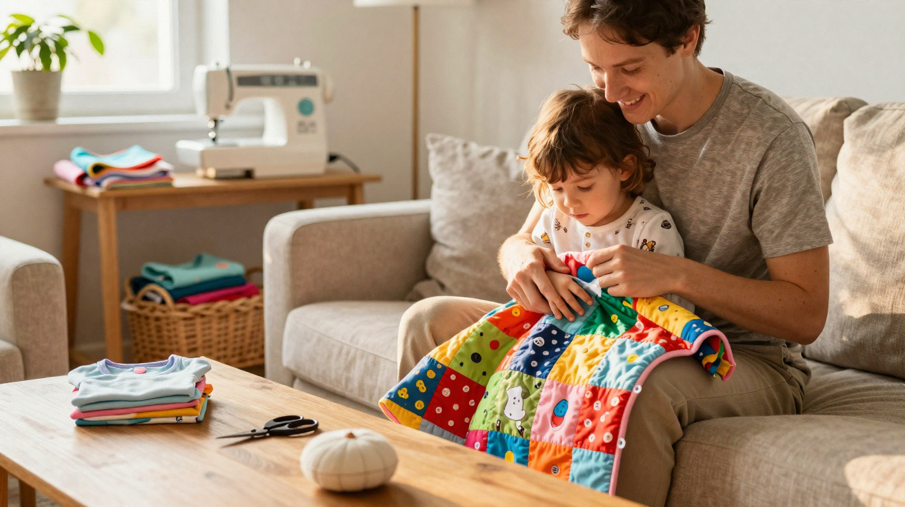 Adult and child sewing a colourful patchwork quilt together on a beige sofa in a bright living room.