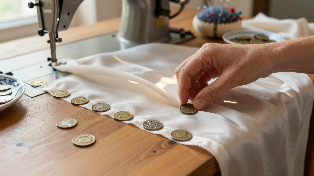 Hand placing coins on white fabric near sewing machine on wooden table in a well-lit room.