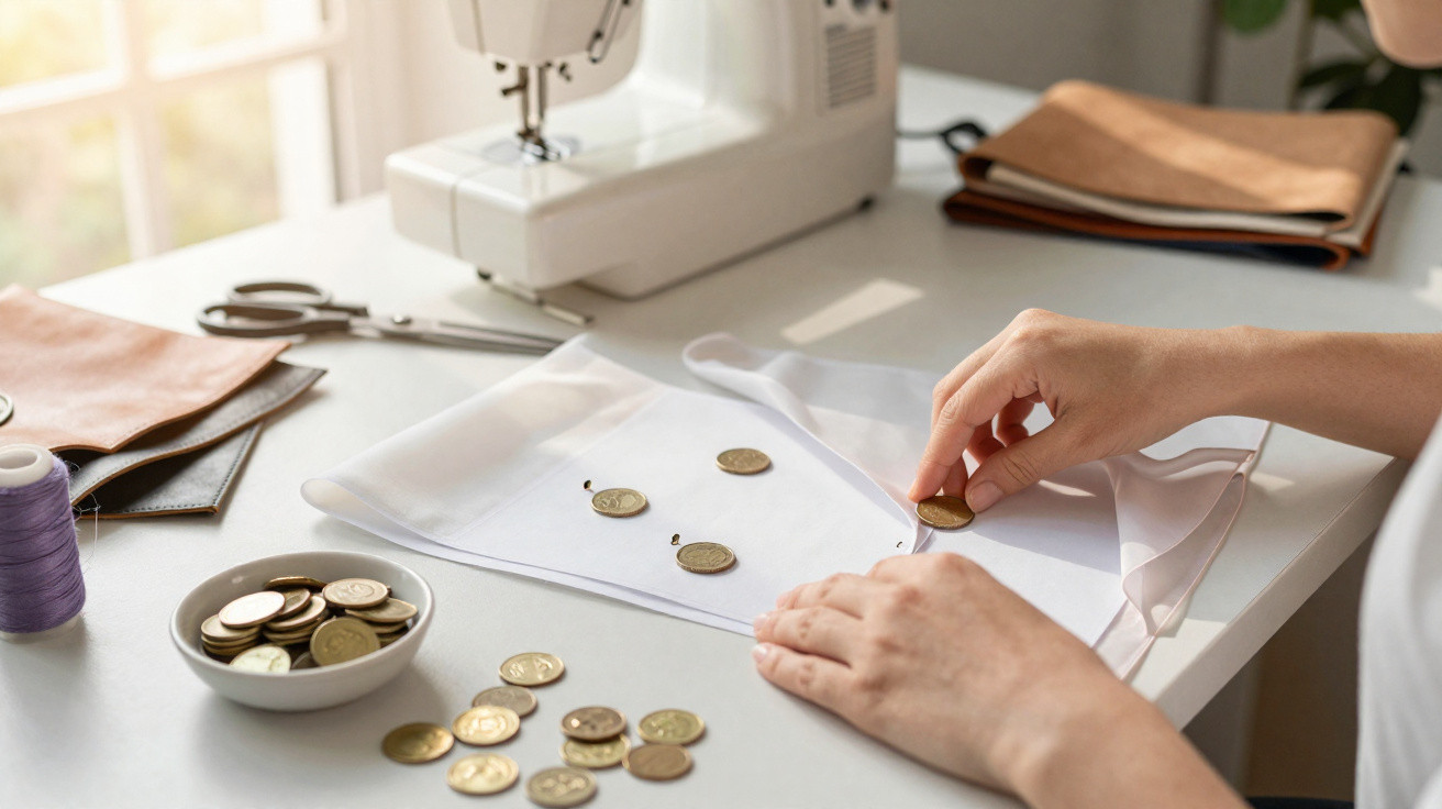 Person attaching coins to fabric with pins on a table next to a sewing machine and scissors.