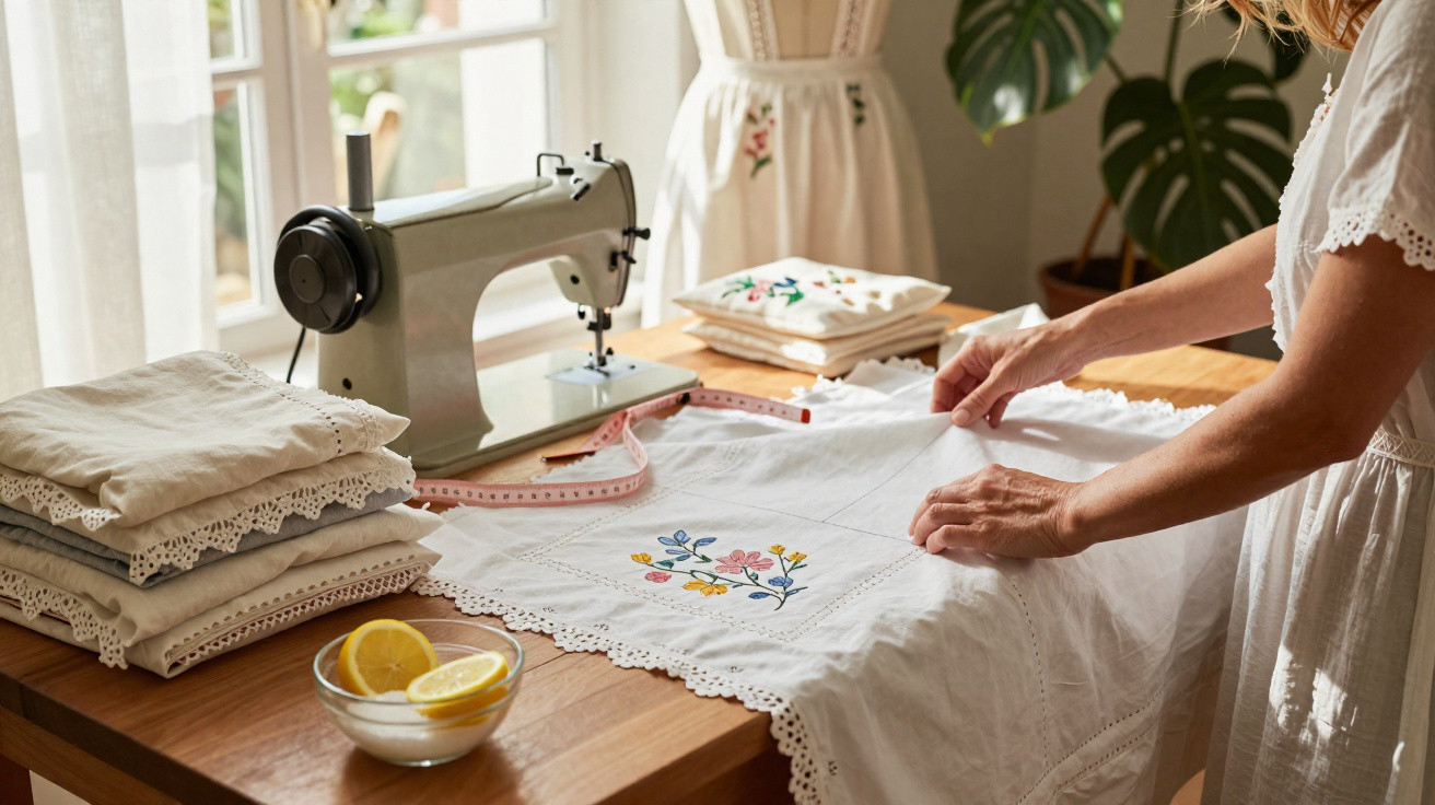 Person arranging embroidered white fabric near sewing machine on wooden table by window