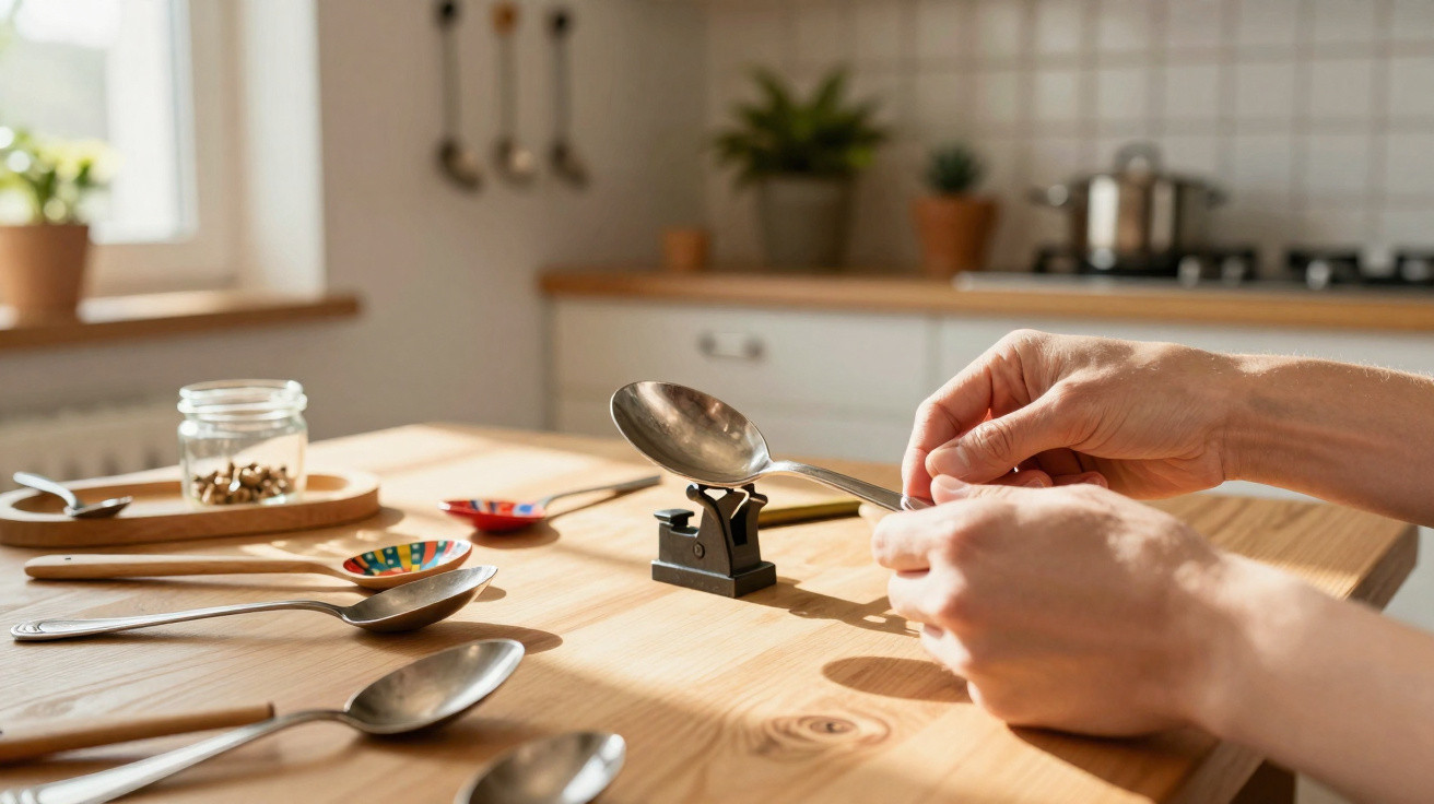 Hands weighing a metal spoon on a small scale with other spoons and kitchen items on a wooden table.