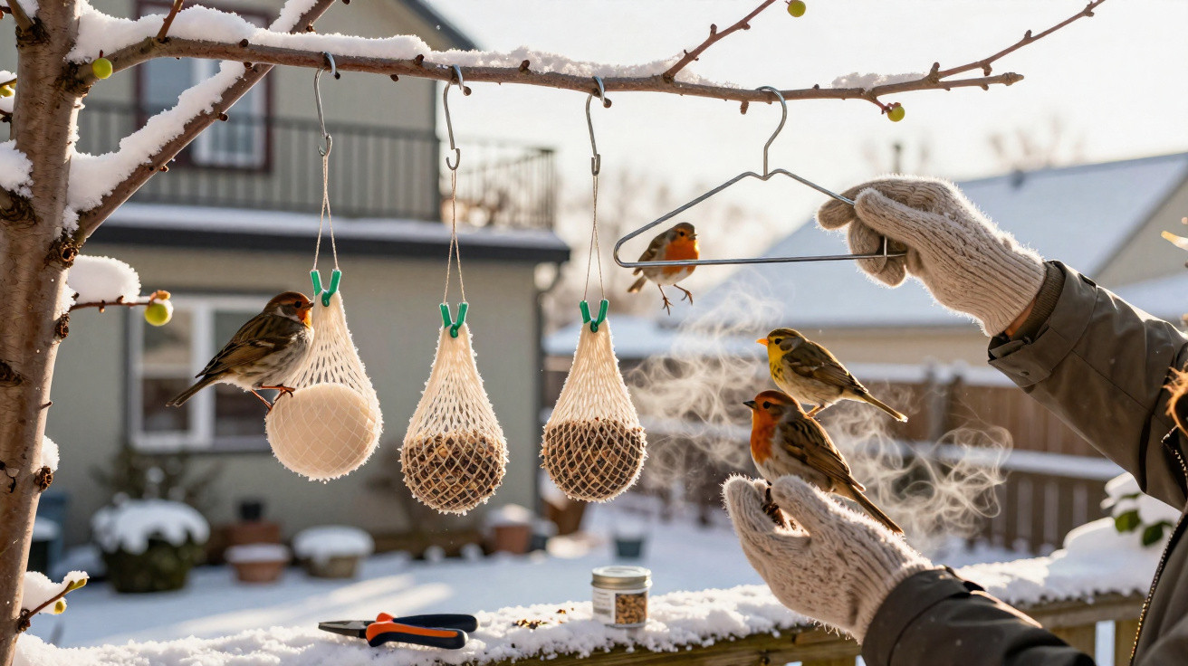 Birds feeding from hanging seed bags and a metal hanger held by a gloved person in a snowy garden.