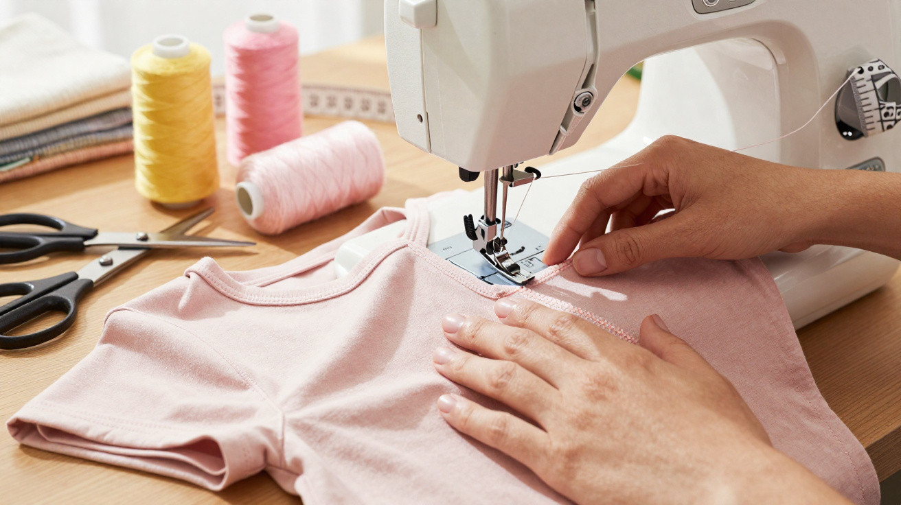Hands sewing a pale pink baby shirt on a white sewing machine with thread spools and scissors on a wooden table.