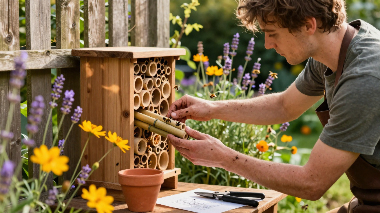 Young man placing bamboo tubes into a wooden bee hotel surrounded by colourful garden flowers.