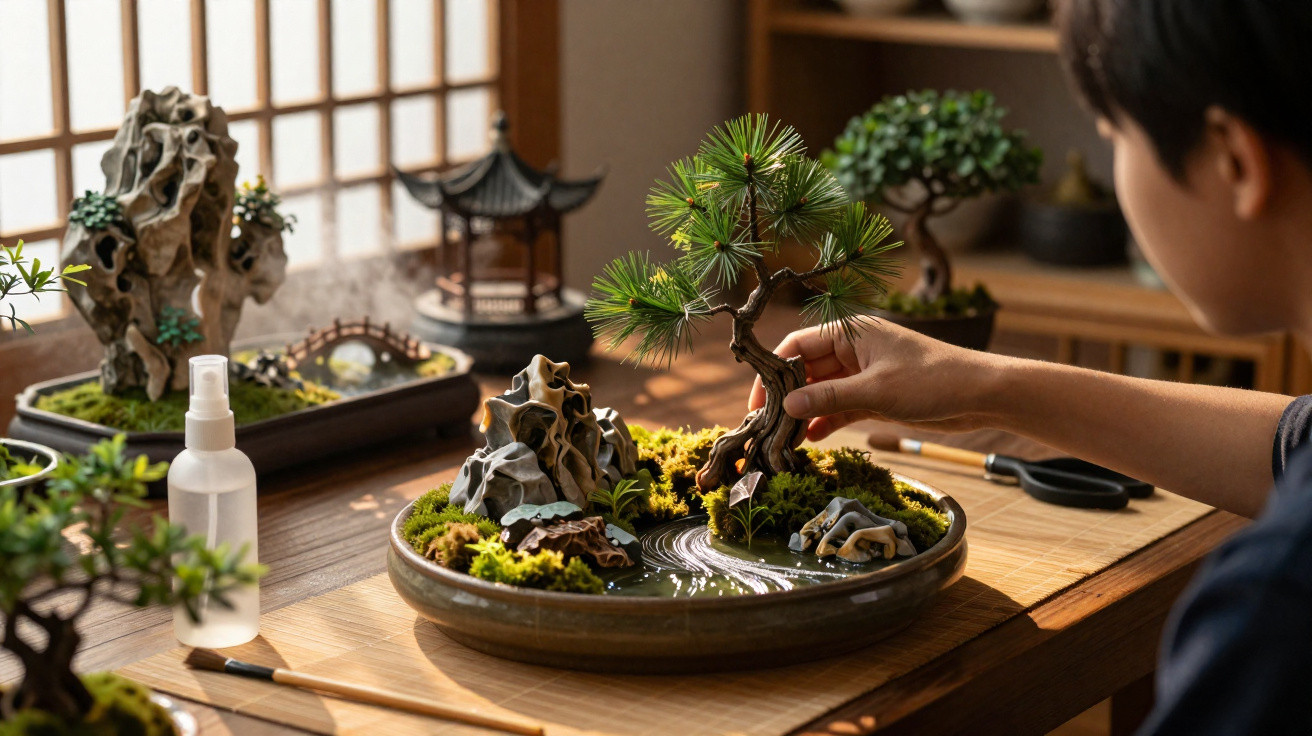 Person arranging miniature pine tree in a detailed bonsai garden on a wooden table indoors.