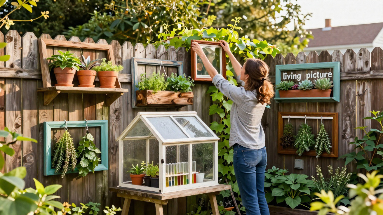 Woman arranging framed plants on a wooden garden fence with potted plants and a small greenhouse below.