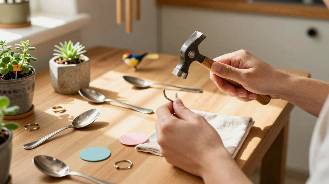 Person holding a small hammer and nail over a wooden table with spoons, rings, and potted plants.