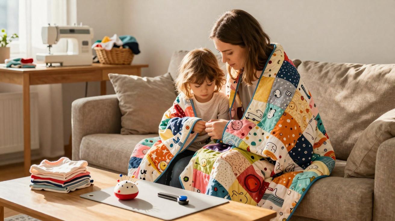 Mother and child sitting on a sofa wrapped in a colourful patchwork quilt, sharing a quiet moment together.
