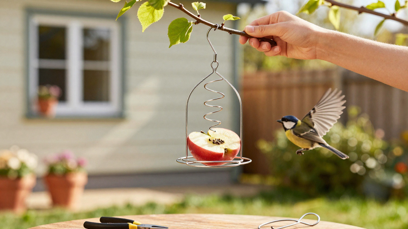 Hand holding a bird feeder with a half apple as a bird approaches in a garden setting.