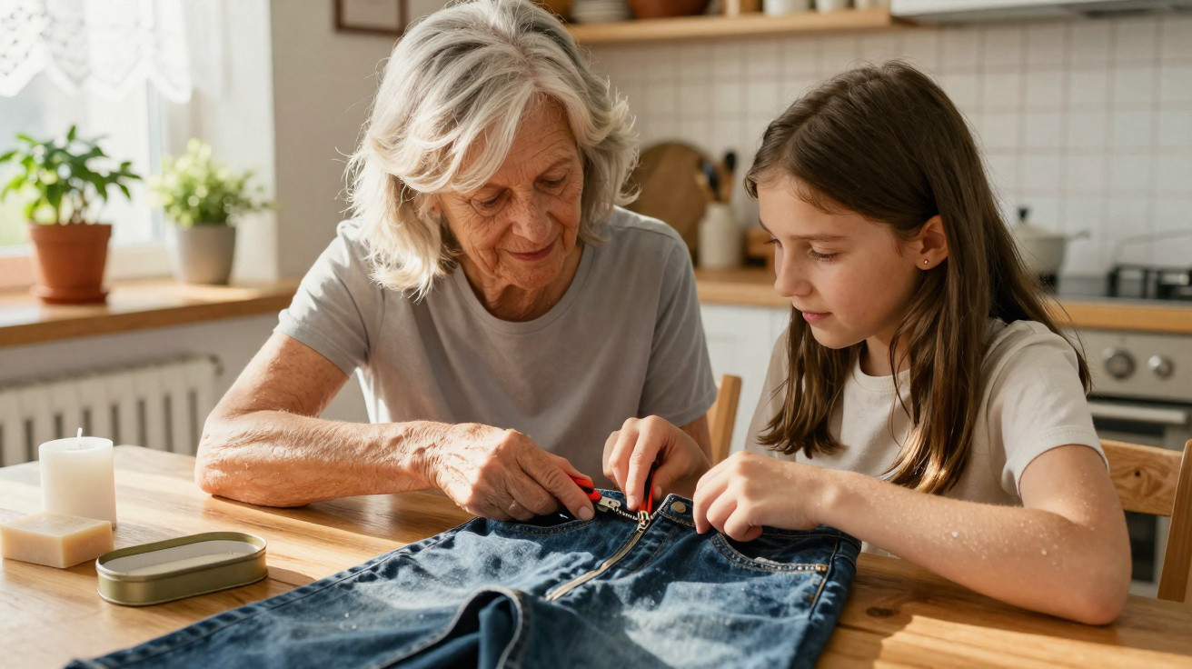 An elderly woman and a young girl repairing a pair of jeans together at a wooden kitchen table.