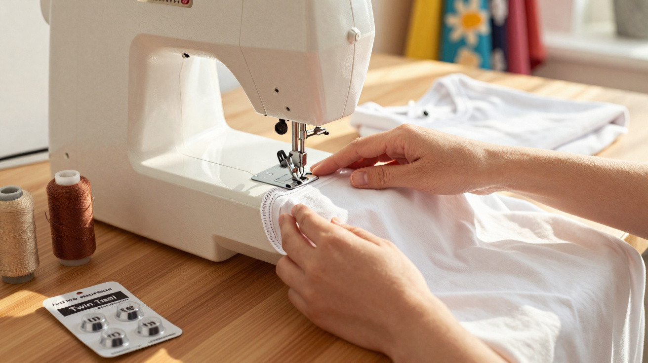 Person sewing a white fabric on a sewing machine with threads and twin needles on wooden table nearby.