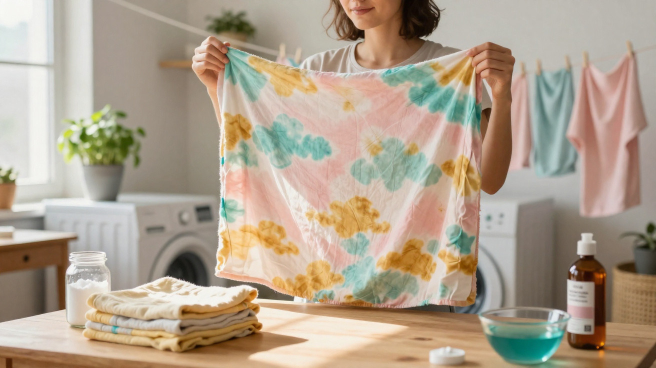 Person holding up a freshly dyed pastel tie-dye cloth in a bright laundry room with washing machine and cleaning supplies.