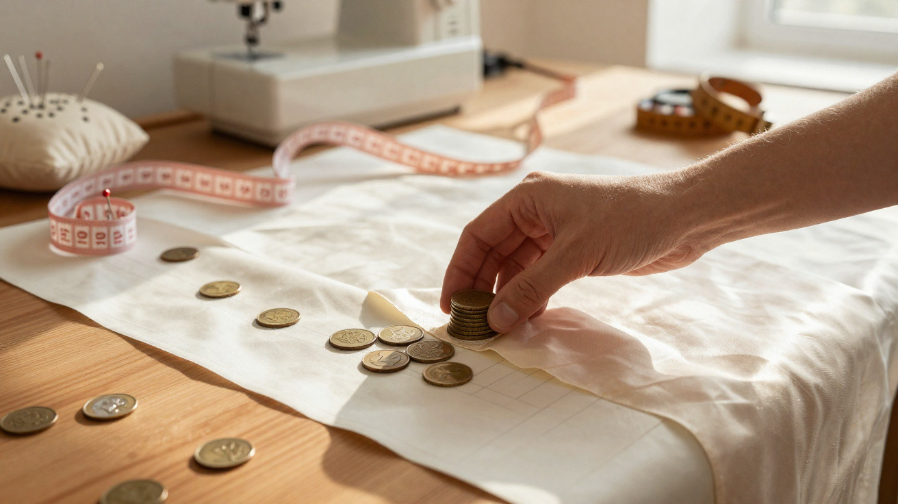 Hand placing stacked coins on white fabric with sewing machine and measuring tapes in background.