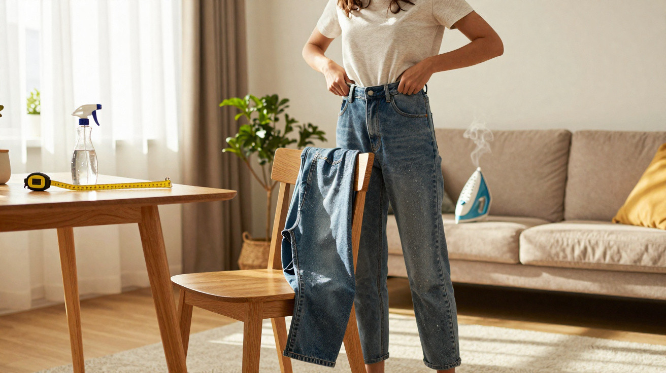 Person fitting jeans indoors with ironing board, spray bottle, and measuring tape on wooden table nearby.