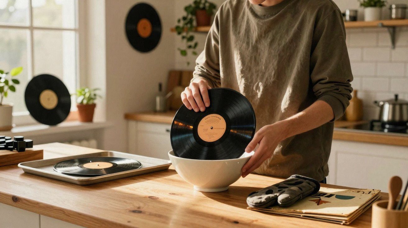 Person holding a vinyl record over a bowl on a wooden kitchen counter with records and oven mitts nearby.