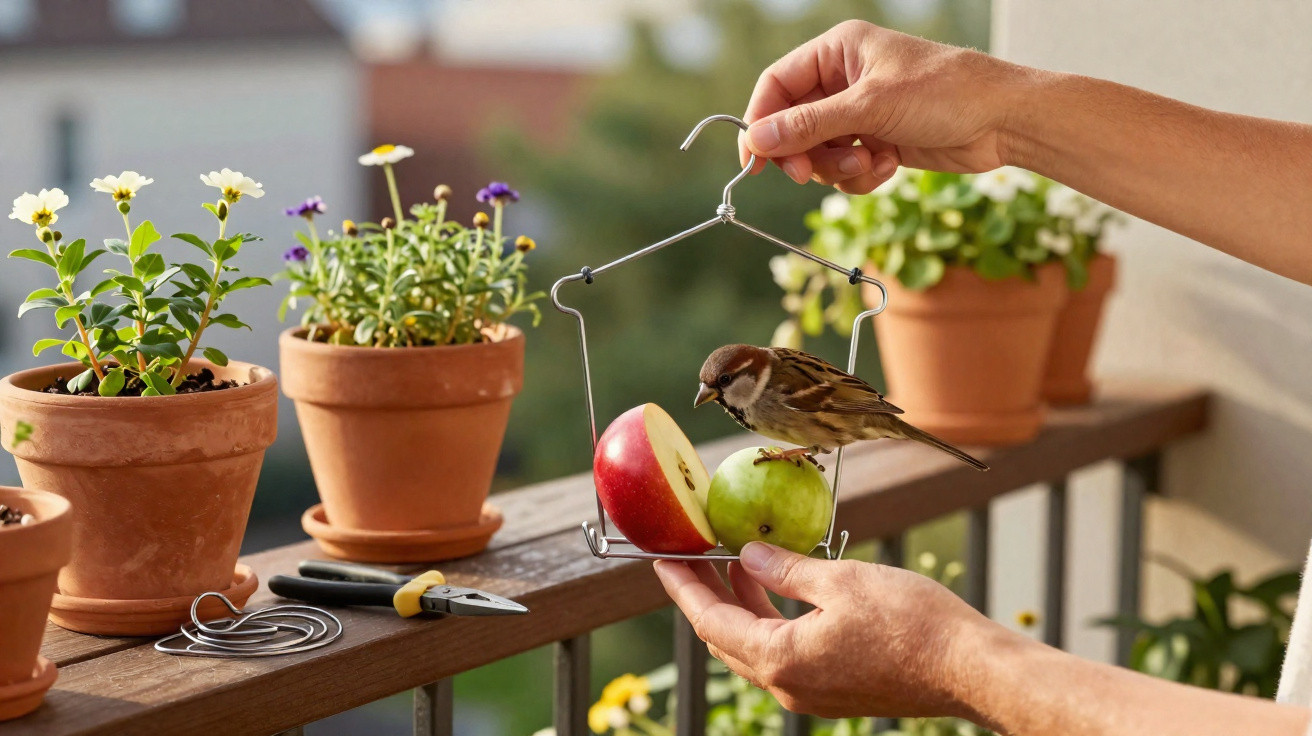 Hands holding a small bird feeder with sliced apple and a sparrow perched on it on a balcony with potted plants.
