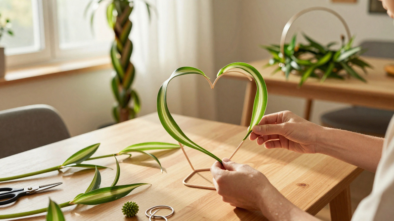 Person shaping a green leaf into a heart using a wooden stand on a wooden table near a window.