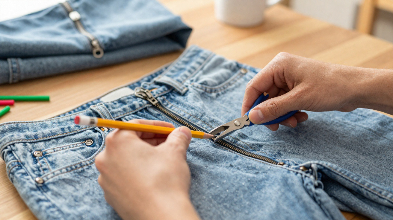 Hands using pliers to remove a zip from blue denim jeans on a wooden table with another pair folded nearby.