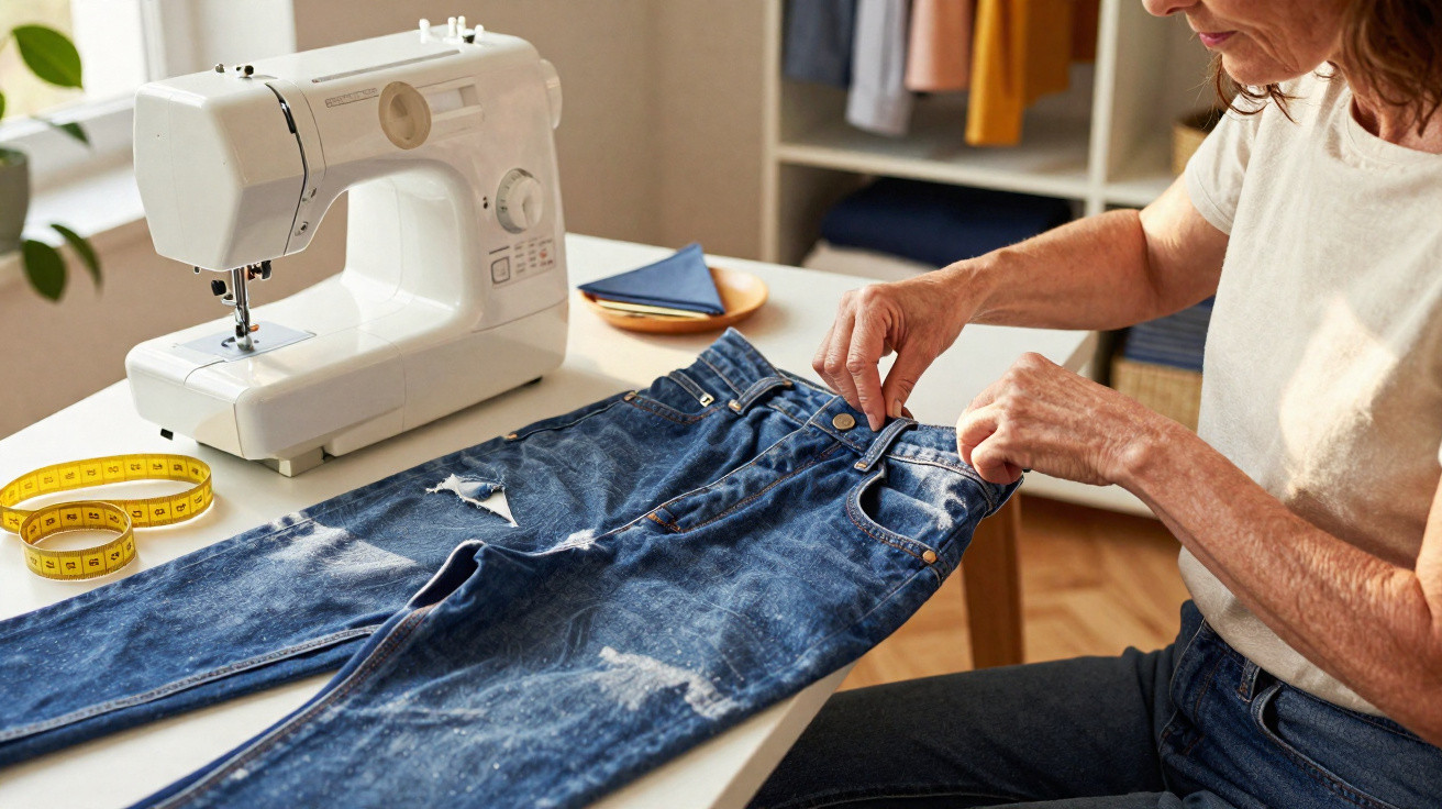 Person sewing distressed blue jeans at a table with a sewing machine and measuring tape nearby