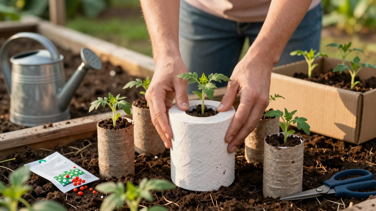 Hands planting a tomato seedling in a biodegradable pot in a garden with watering can and seed packets nearby.