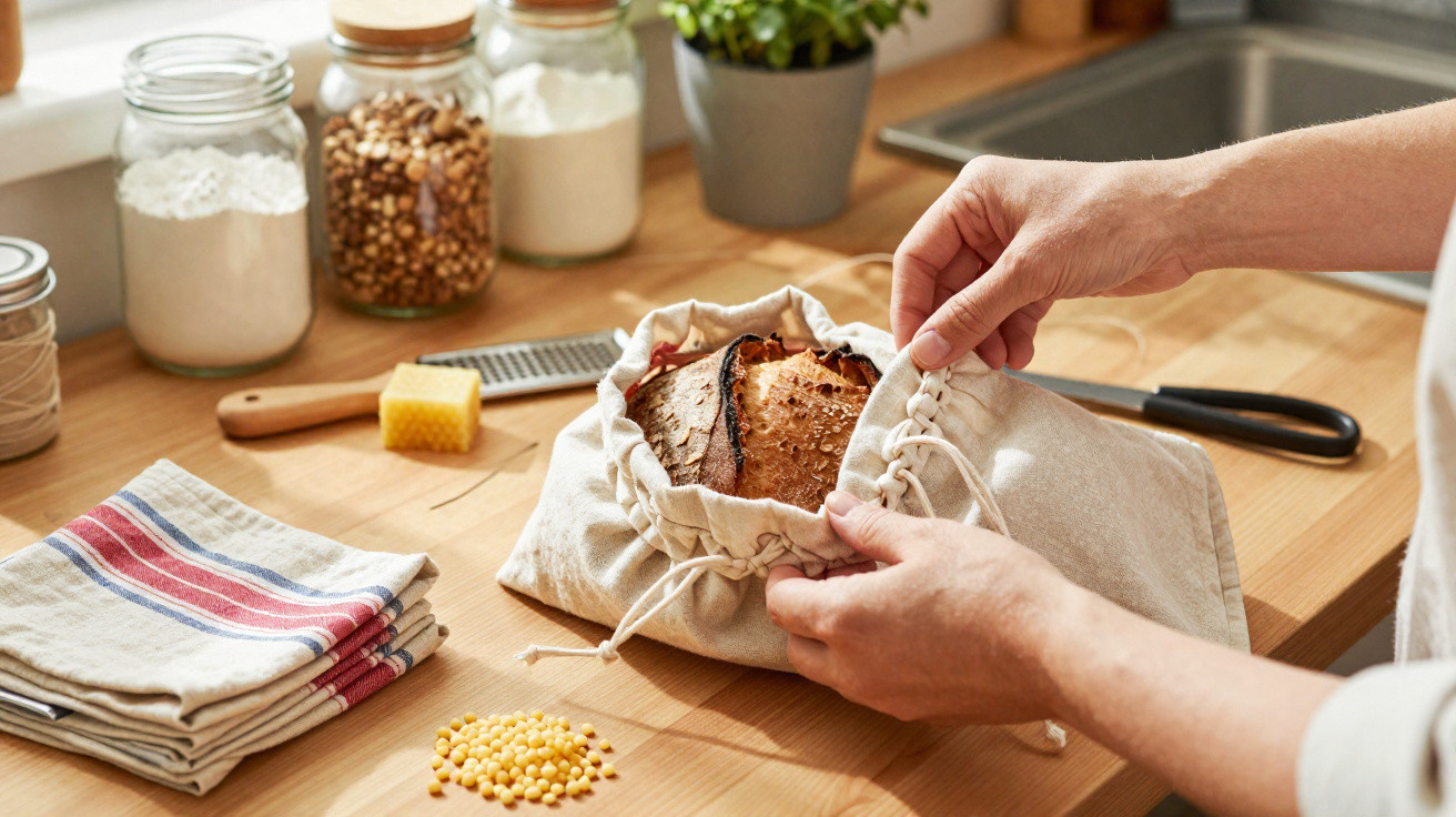 Hands placing freshly baked bread inside a cloth bag on a wooden kitchen countertop with jars and utensils.